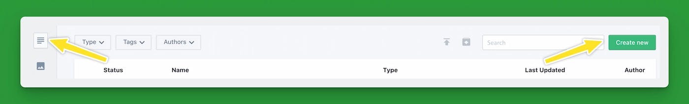 Screenshot of the prismic dashboard with yellow arrows pointing to the documents icon in the left sidebar and the green create new button at the top right
