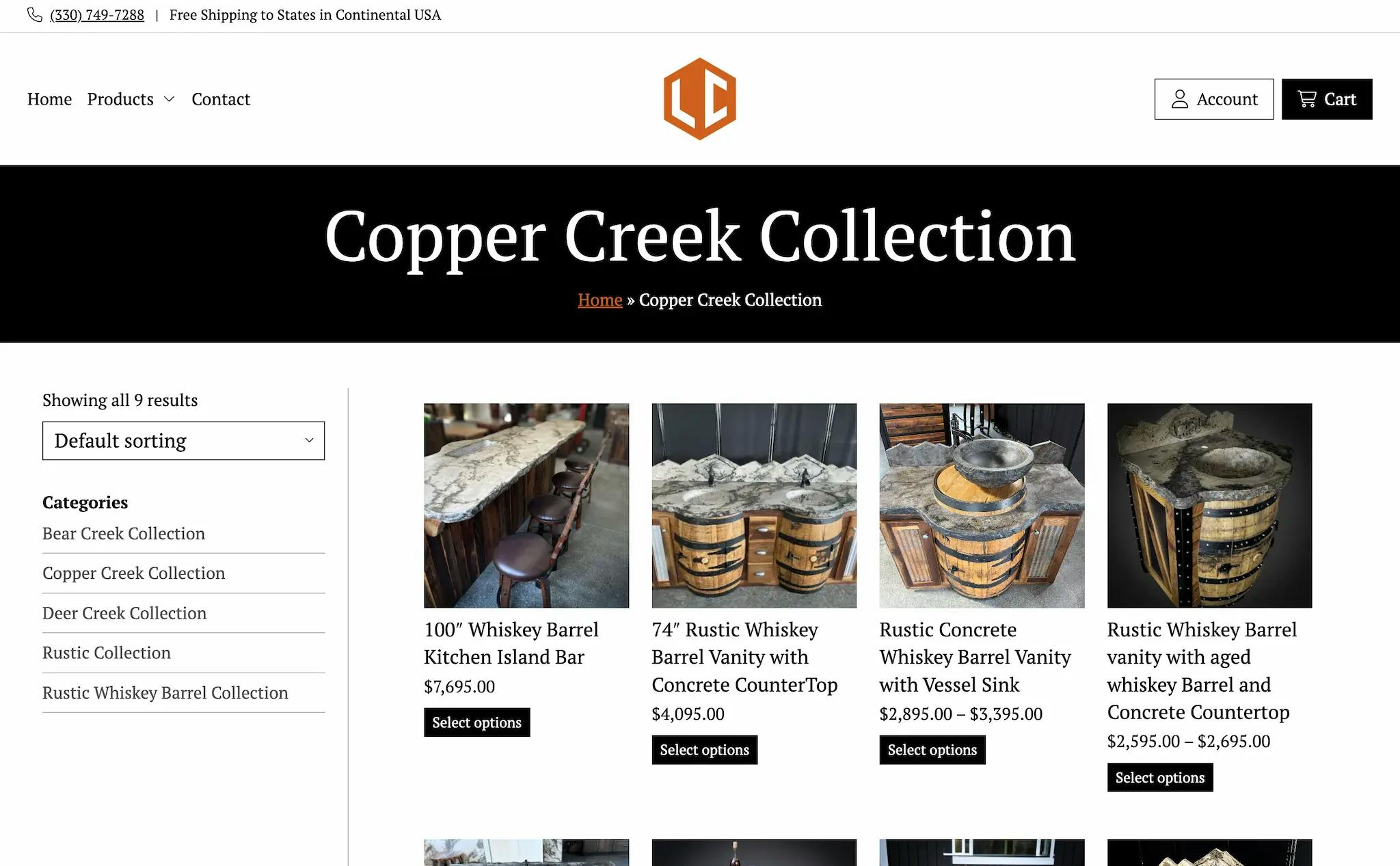 Category landing page on luxcretedesign.com for Copper Creek Collection