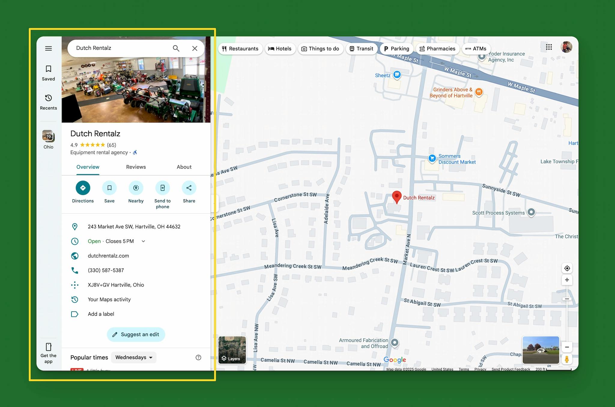 screenshot of a google maps with a yellow box around the dutch rentalz google business profile on the left