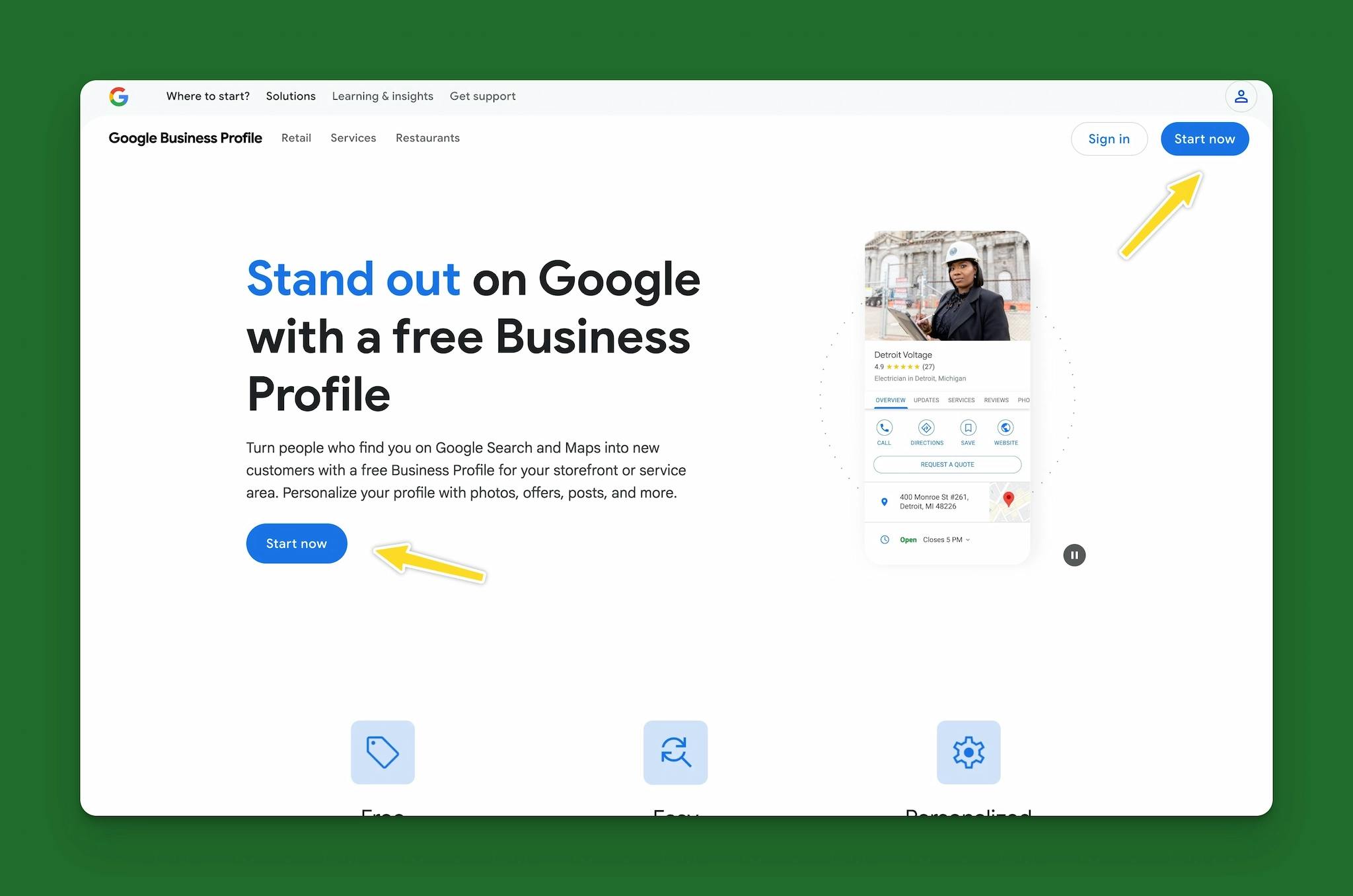 Screenshot of the google business profile landing page with a yellow arrow pointing to a blue get started button