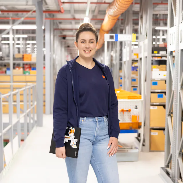 A department lead at Zalando Logistics in front of the aisles in the warehouse.