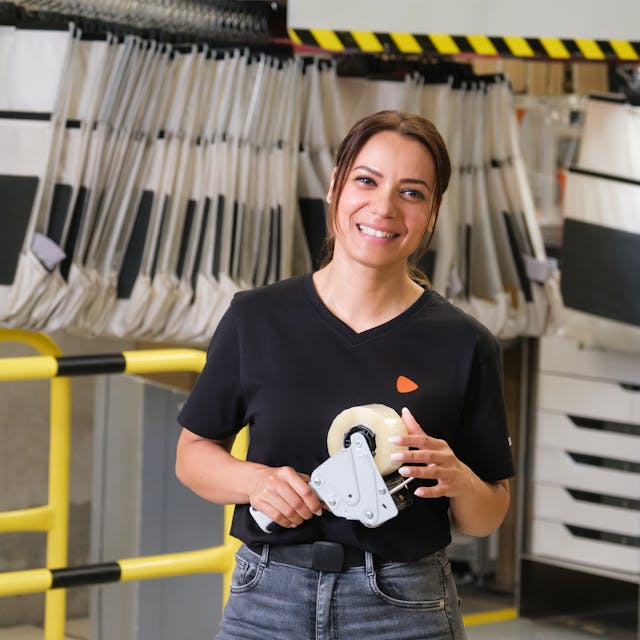 A person standing while holding tape that will be used to seal packages