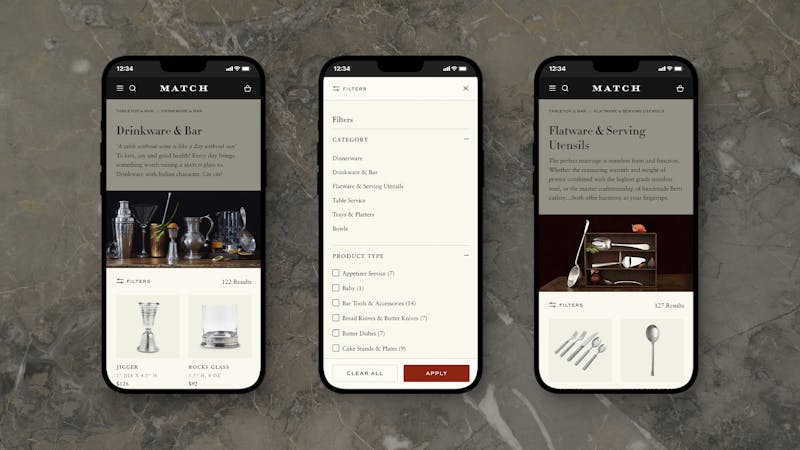 Match Pewter category landing page mobile screens