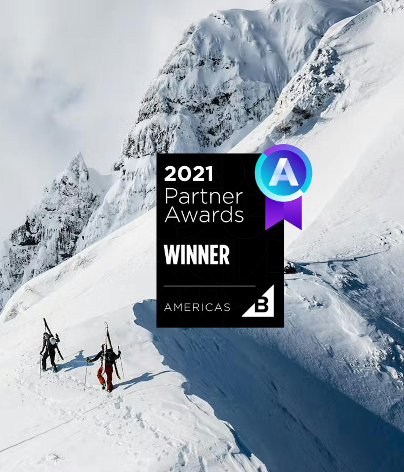 2021 Partner Award graphic over image of two skiers