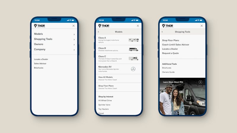 Thor Motor Coach mobile menu