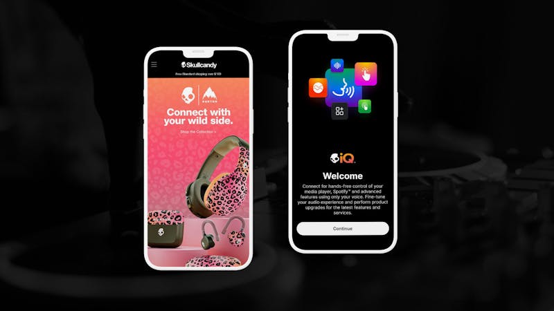 Skullcandy website and Skull-iQ App mocked up on mobile phones