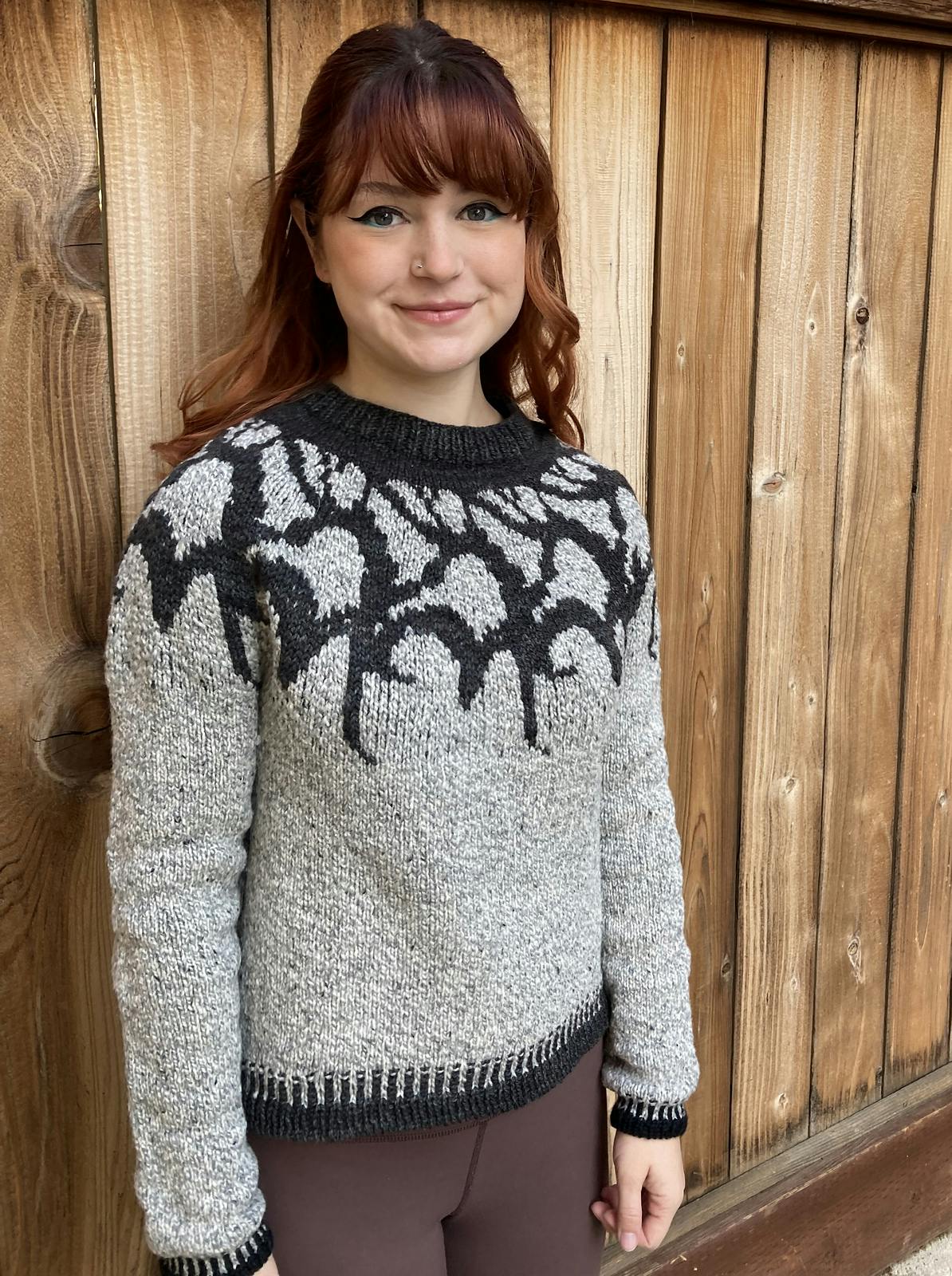 Top-down stranded colourwork sweater Melancholia, designed by Zaneteknits in Brooklyn Tweed Shelter Narwhal and The Plucky Knitter Scholar yarns.