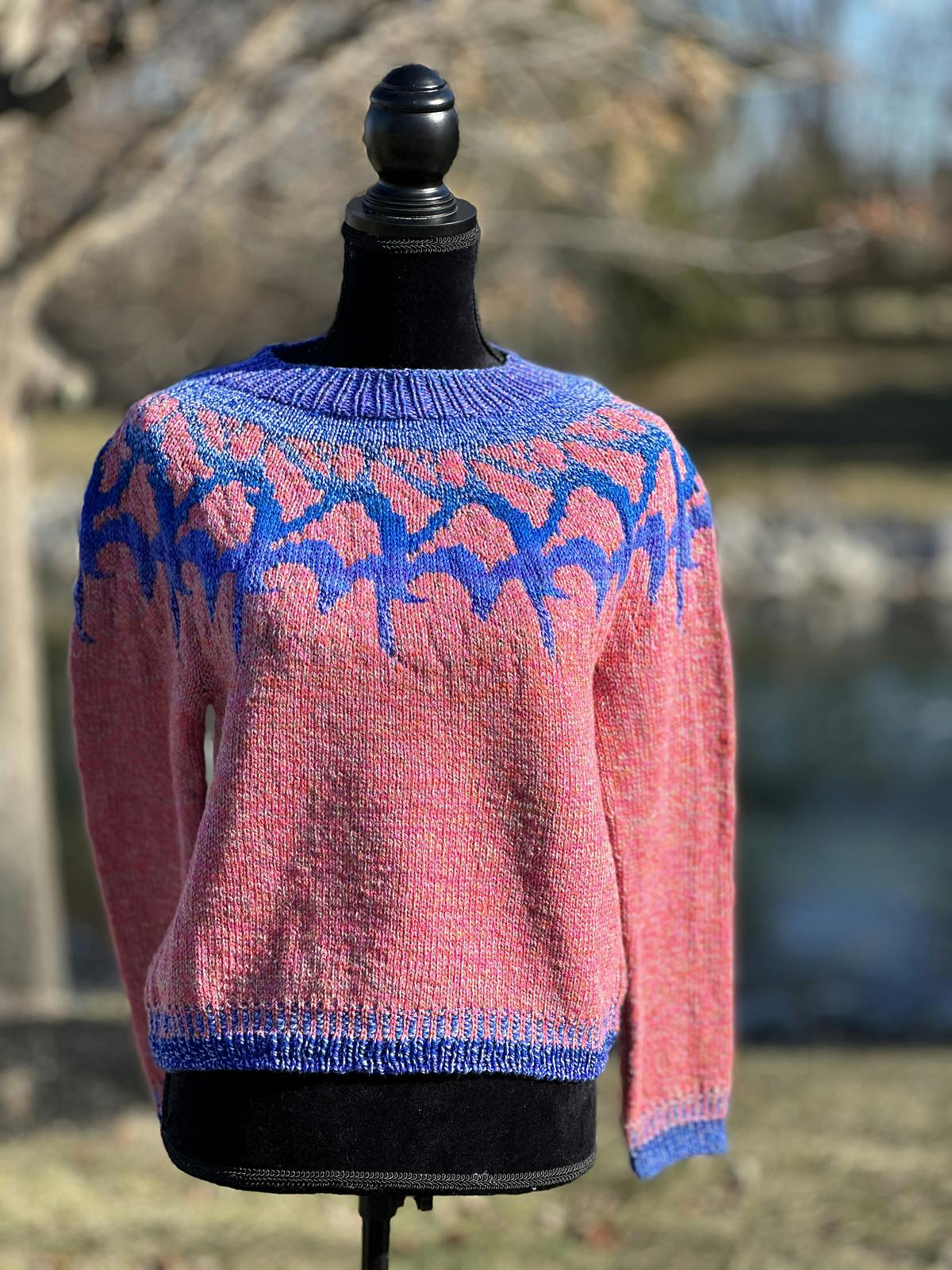 Top-down stranded colourwork sweater Melancholia, designed by Zaneteknits in Spincycle Yarns Trine 7 and Dream State Valley Girl yarns.