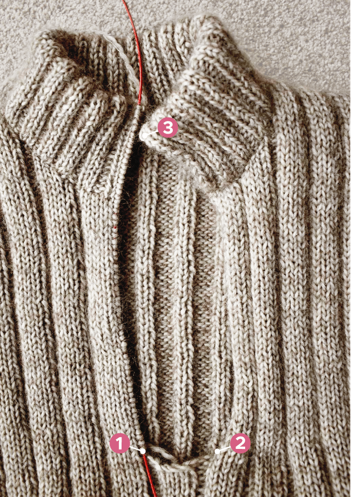 Double-knit button band for a knitted sweater