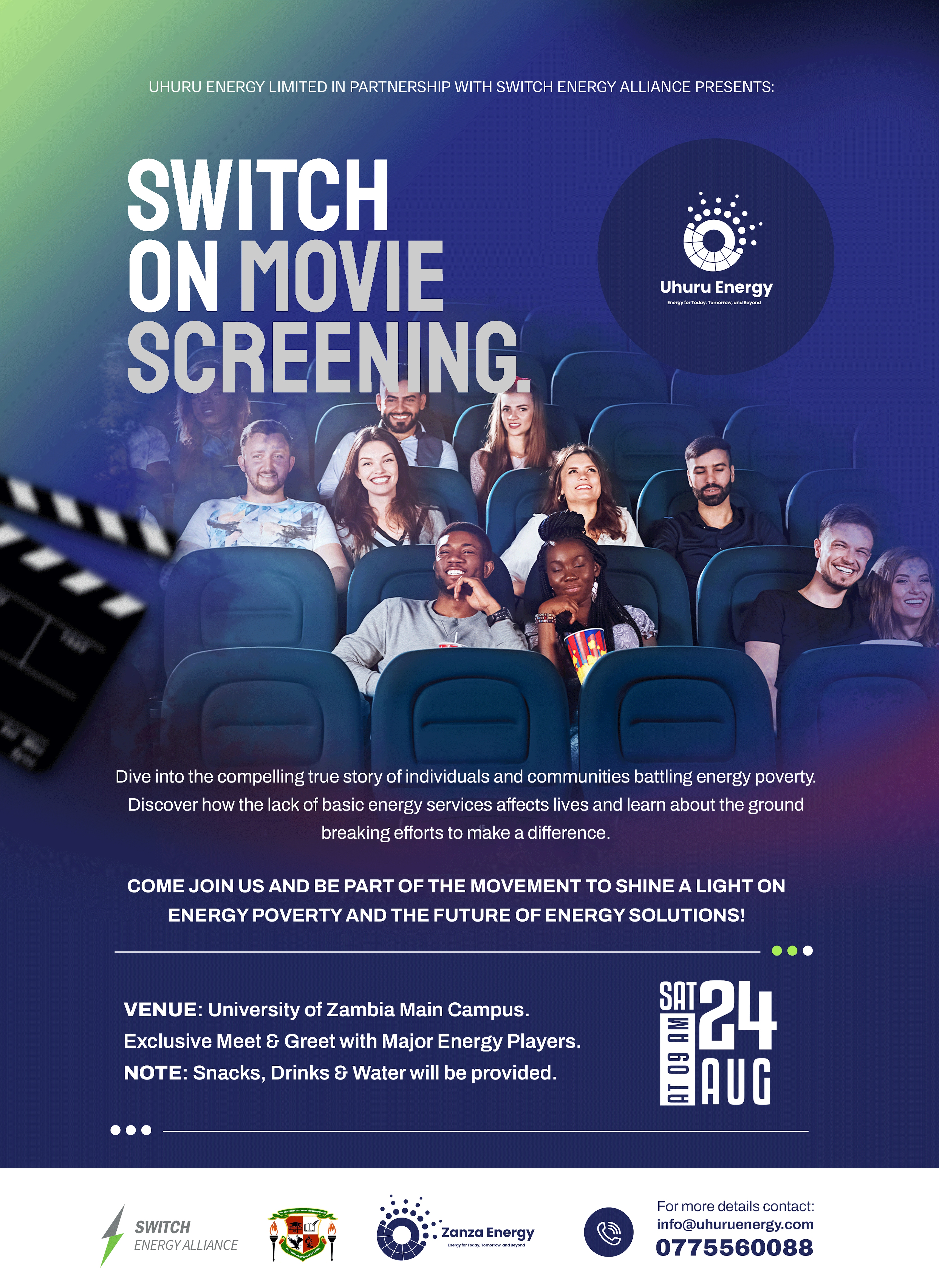 Uhuru Energy in partnership with Switch Energy Alliance to host a movie screen at UNZA