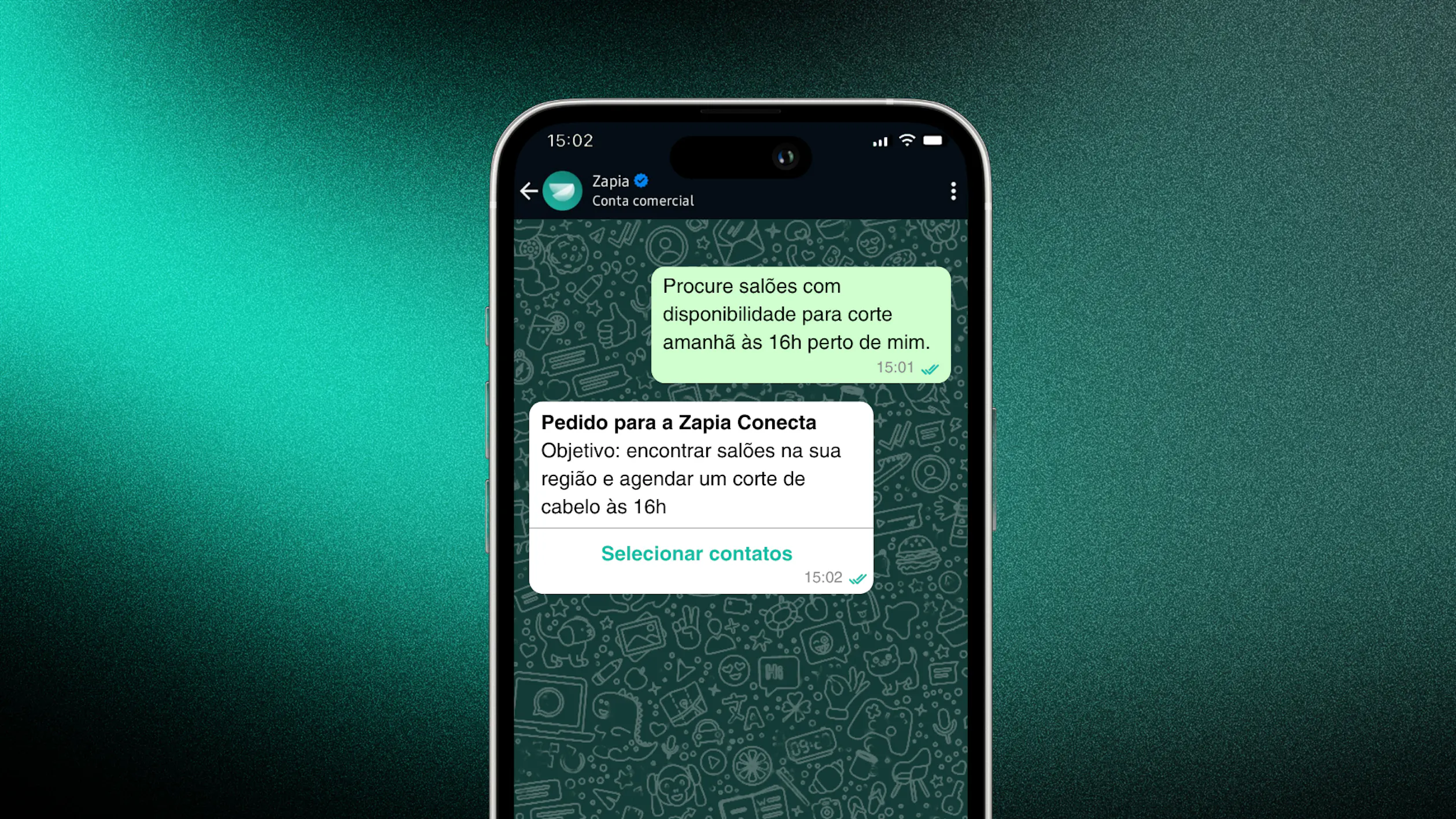 A imagem mostra um print de uma conversa no WhatsApp entre uma pessoa e a AI. A pessoa faz um pedido para procurar cabeleireiro disponível
