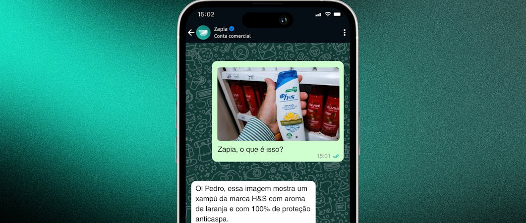 A foto é um print do WhatsApp em que a pessoa envia a foto de um xampú para a Zapia e pergunta o que é. A Zapia descreve o objeto em detalhes.