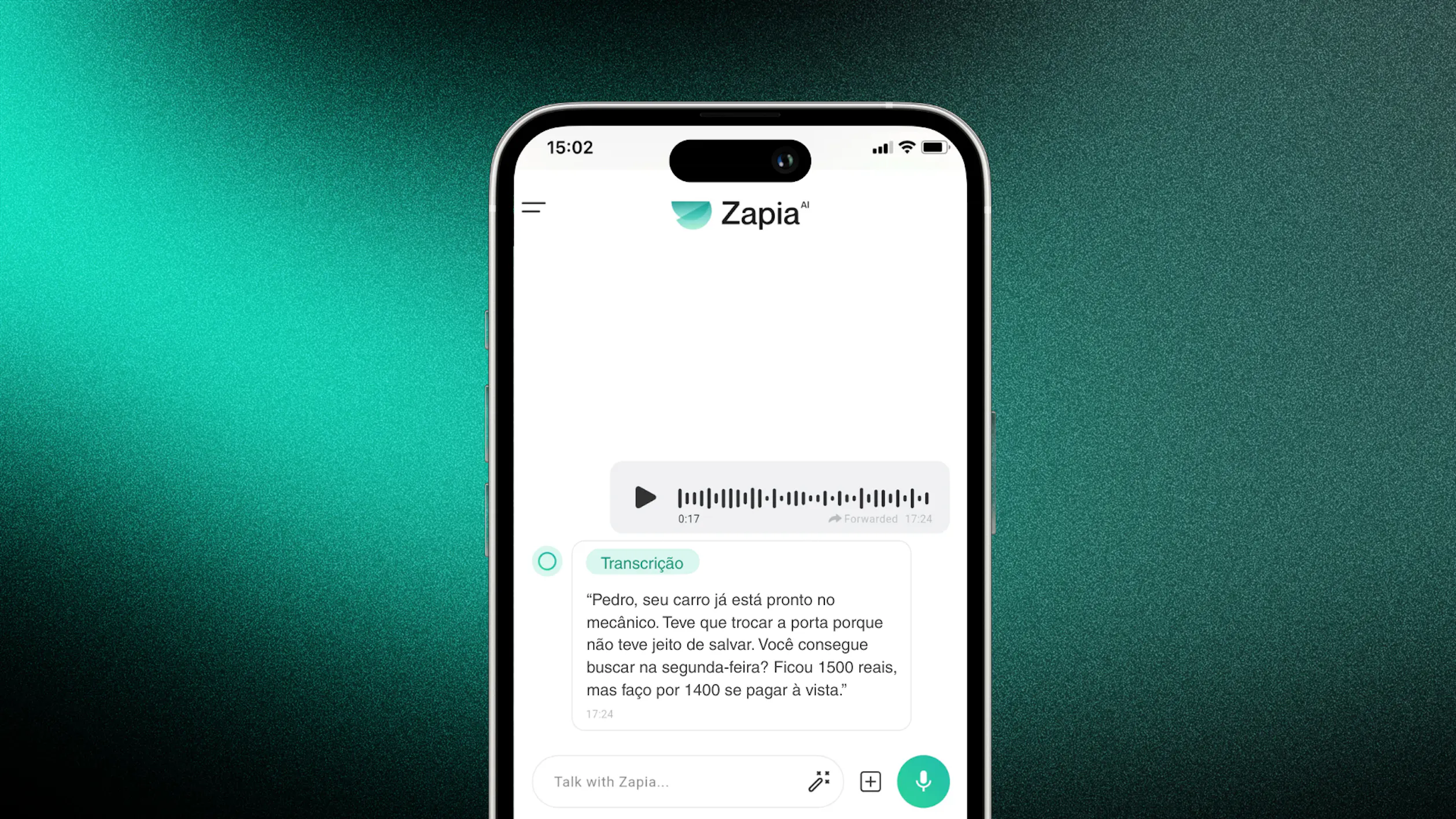 A imagem mostra um print da tela com um áudio encaminhado para a Zapia e a transcrição do mesmo