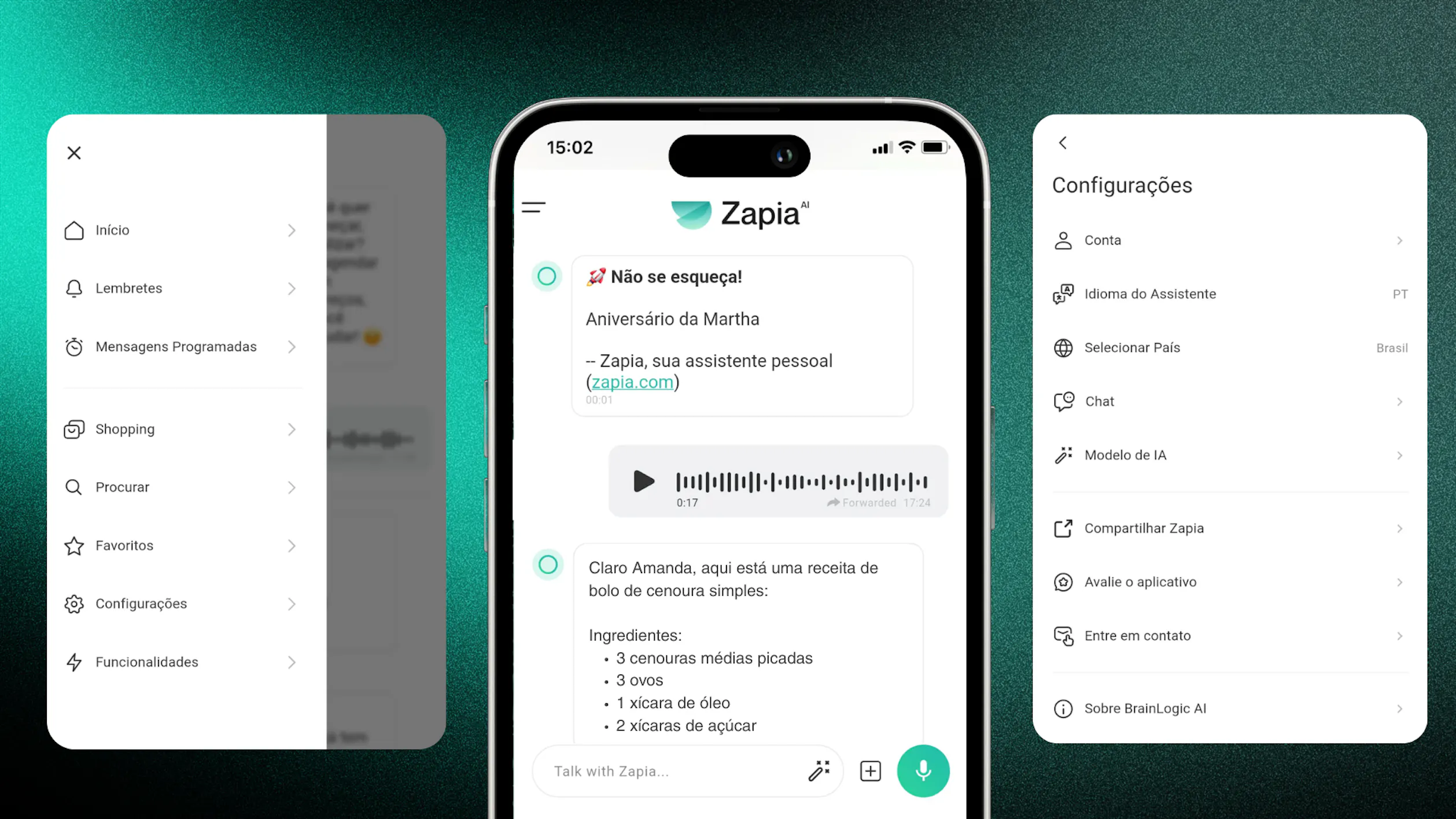 A imagem mostra três prints do aplicativo da Zapia e algumas opções de configurações.