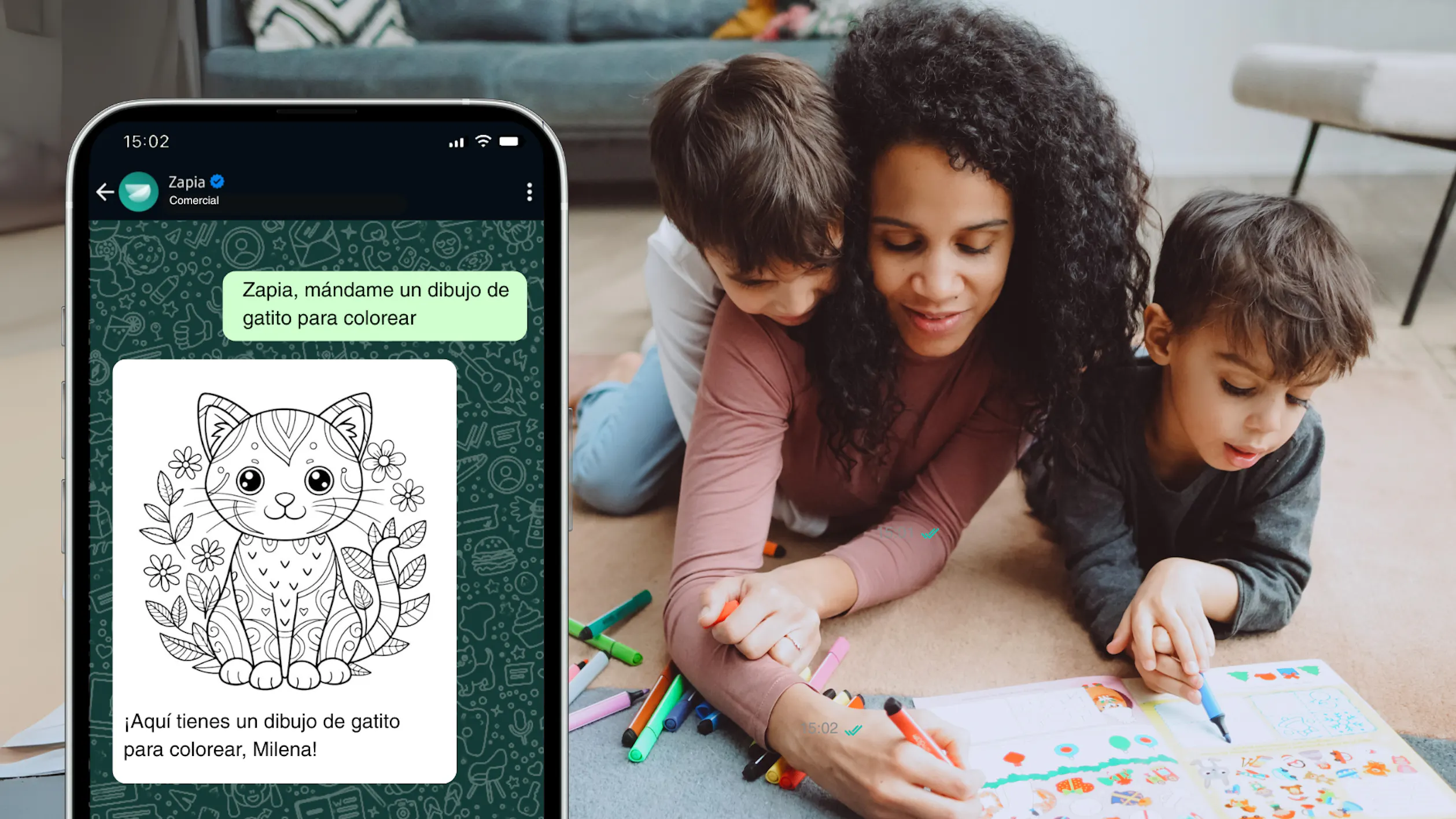 muestra una captura de pantalla del usuario pedindo un dibujo para colorear y zapia enviandole