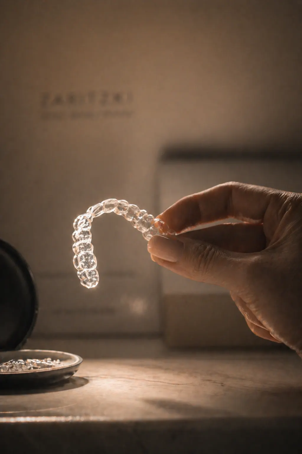 Invisalign® Comprehensive: transparenter Aligner zwischen zwei Fingern