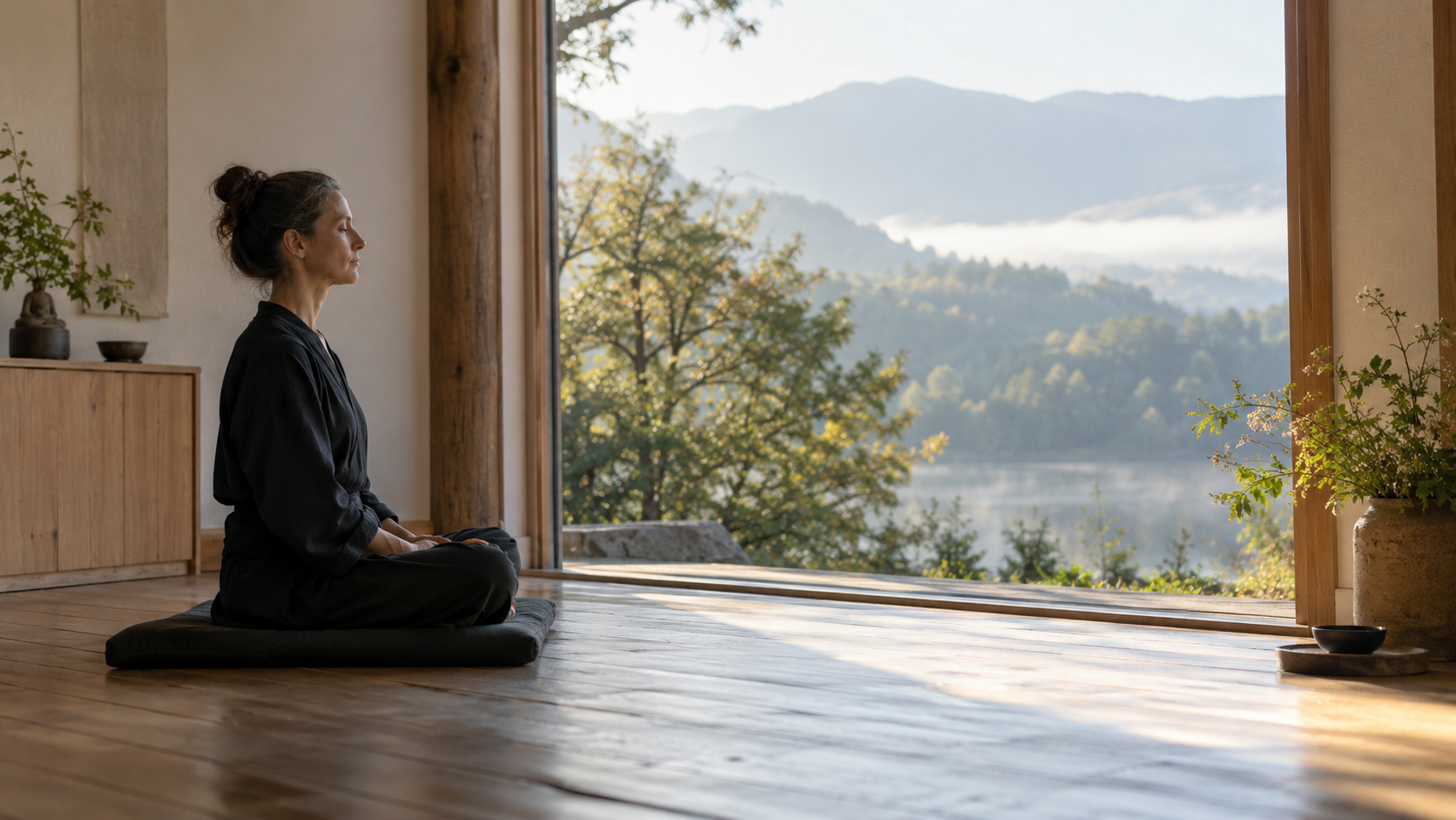 Frau im Zazen auf einem Kissen vor einem grossen Fenster, Blick auf Berge und Nebel im Morgenlicht