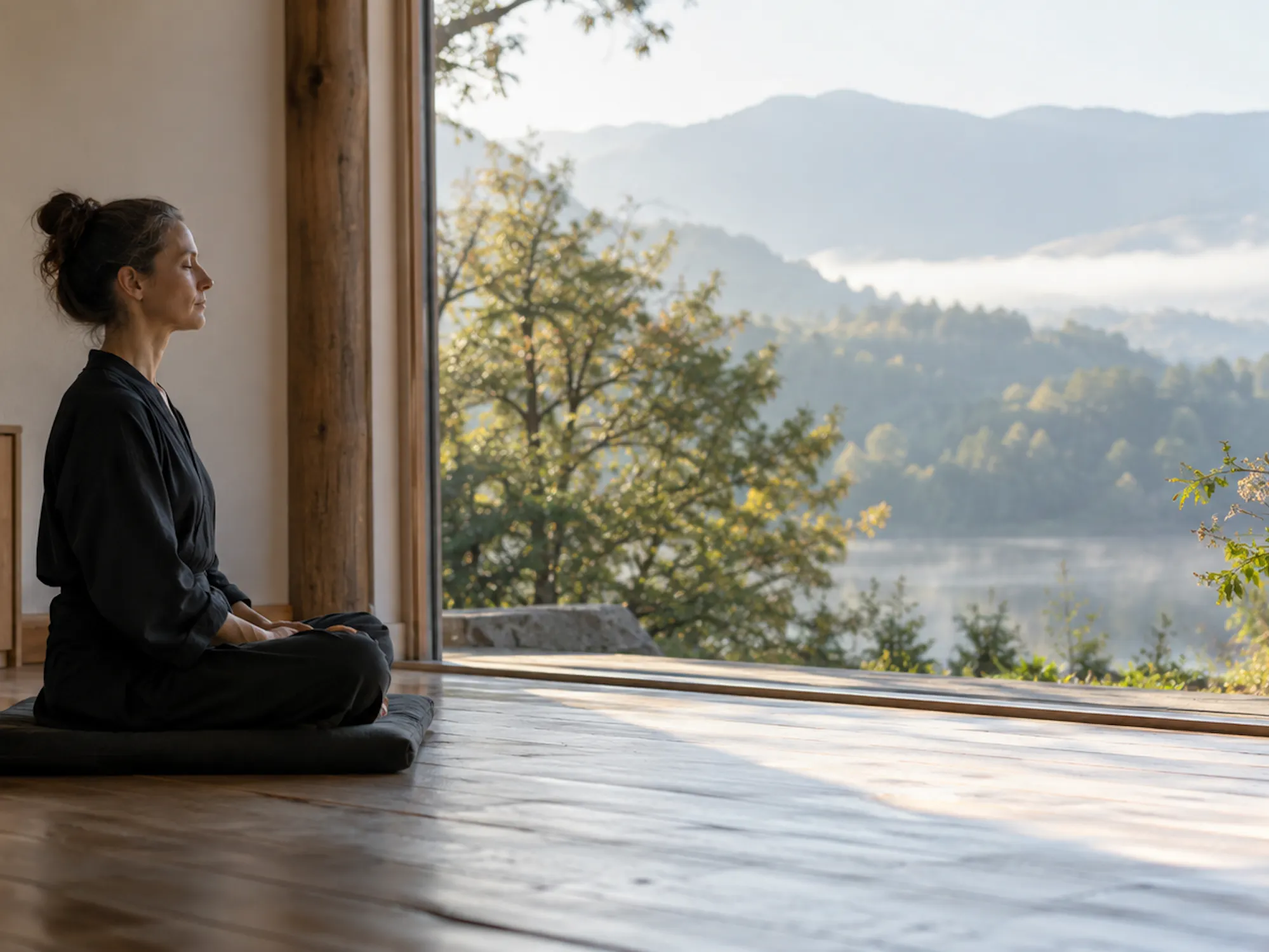Frau im Zazen auf einem Kissen vor einem grossen Fenster, Blick auf Berge und Nebel im Morgenlicht