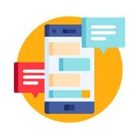 Ilustração de celular com ícones de mensagens.
