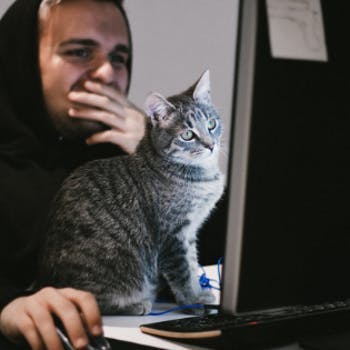 Homem utilizando computador com gato em cima da mesa.
