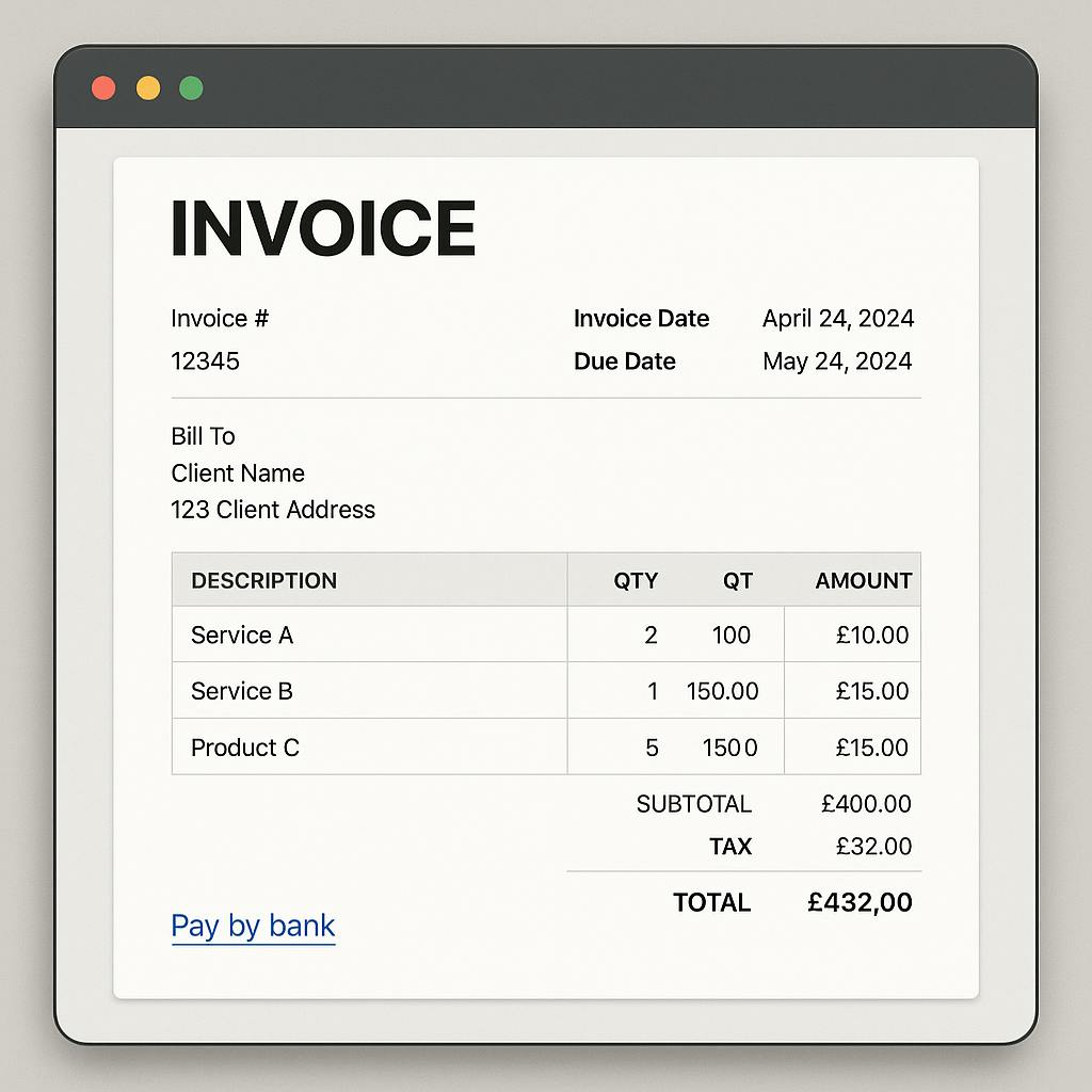 Invoice with Pay by Bank link on screen