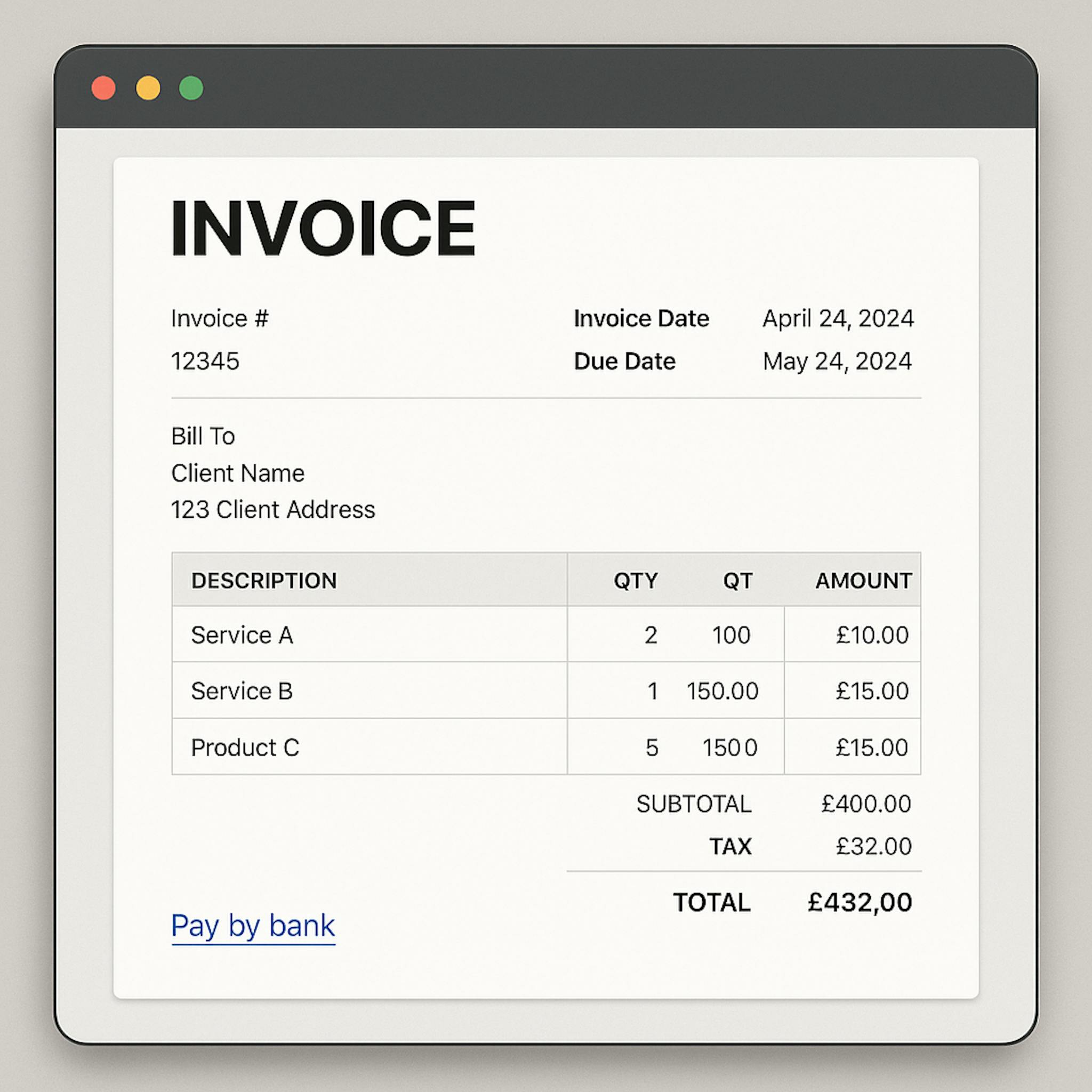 Invoice with Pay by Bank link on screen