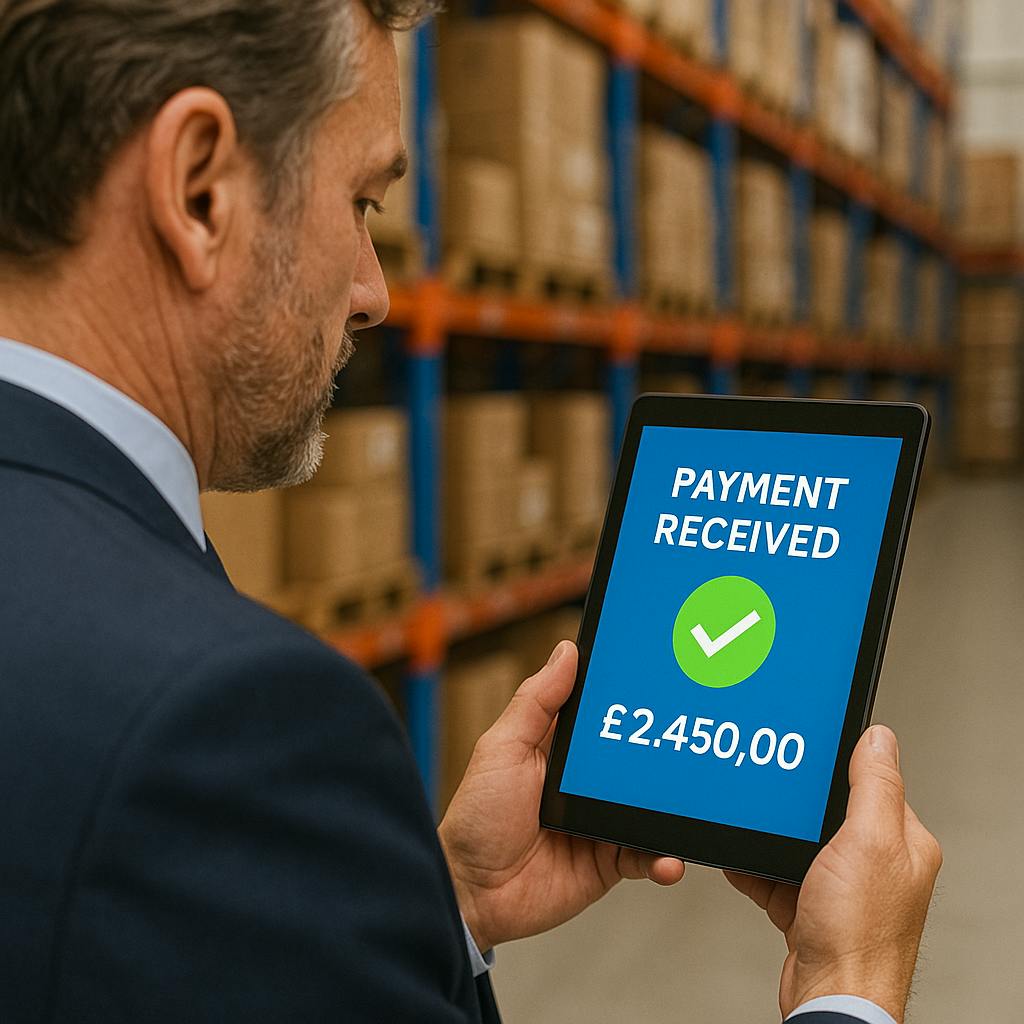 Small business owner using Open Banking app to receive direct bank payment