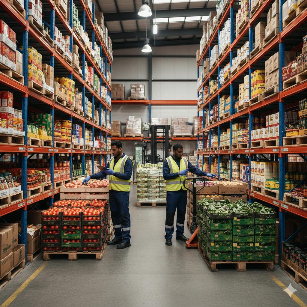 Warehouse staff using food wholesale management software to track inventory.