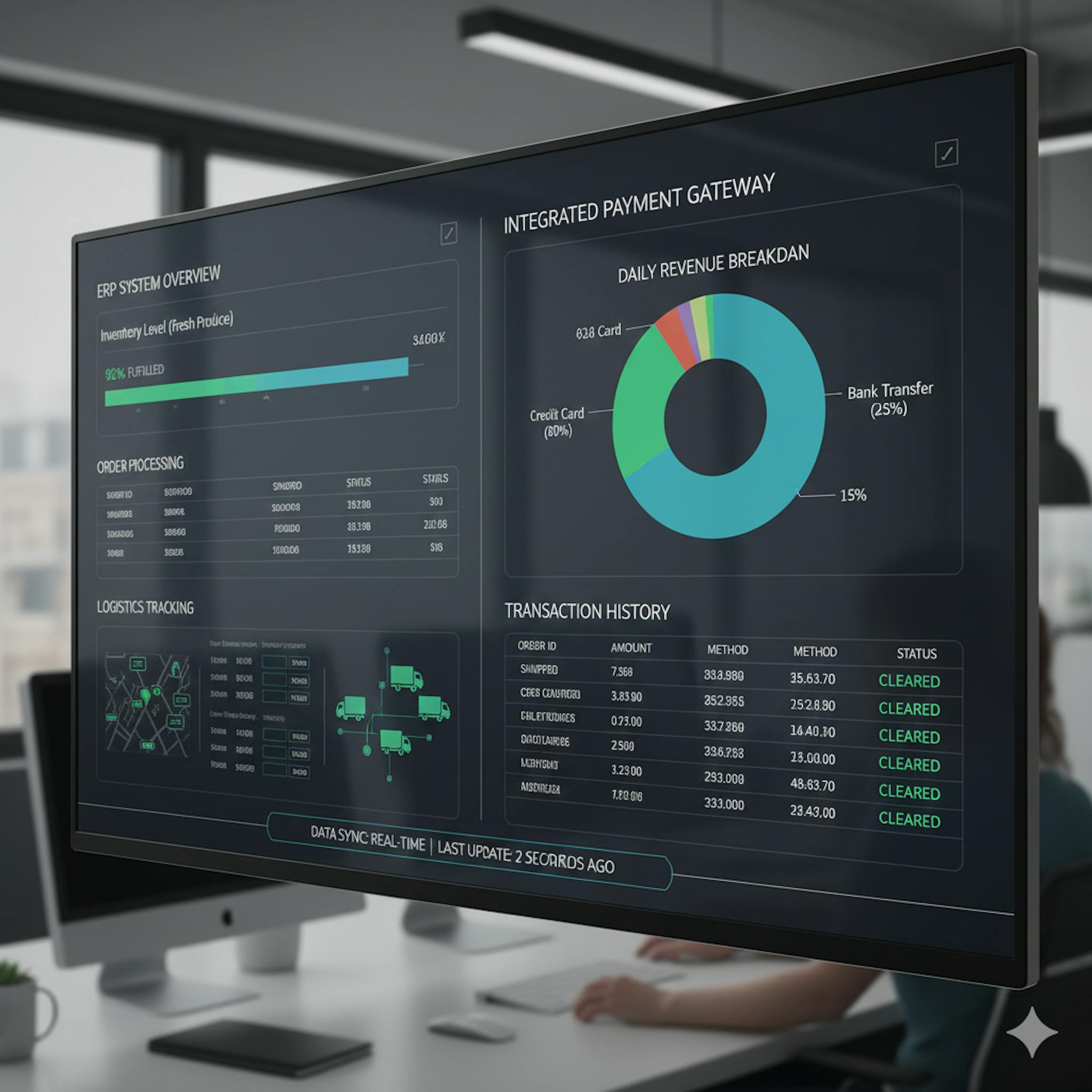 ERP dashboard displaying real-time integrated payments data