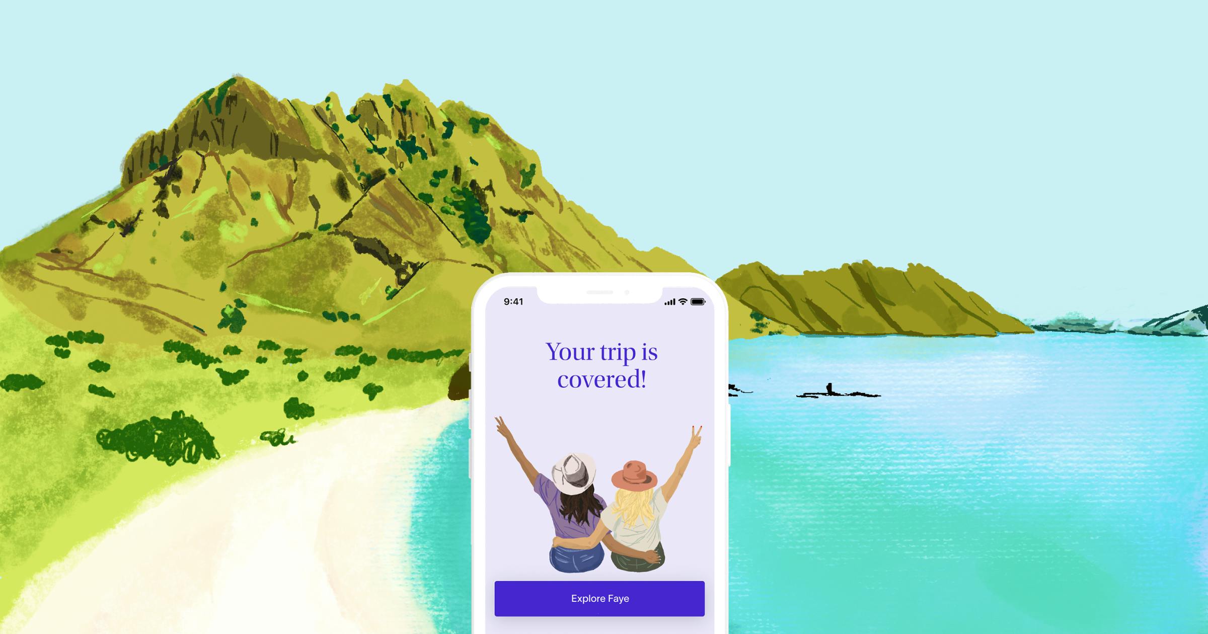 Illustration of Faye app screen on iPhone with beach and mountains in the background