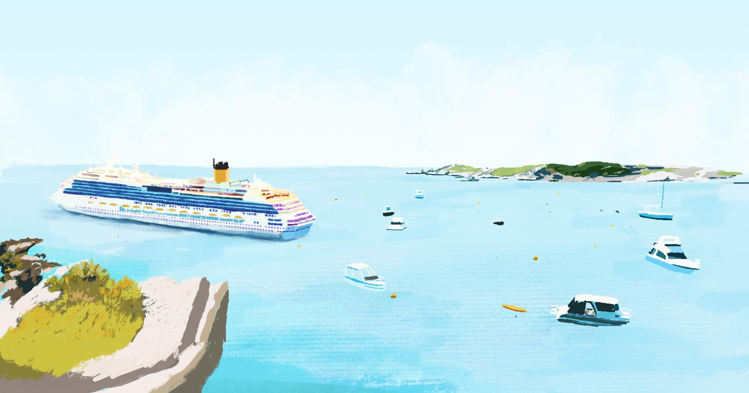 Illustration of a cruise ship leaving port with some small boats around it in the water