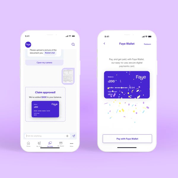 Two Faye app screens on a phone about claims with a purple background