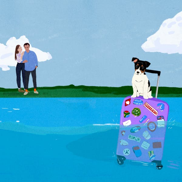 Illustration of a dog floating on a purple suitcase with stickers floating down the river as a couple looks on from the shore