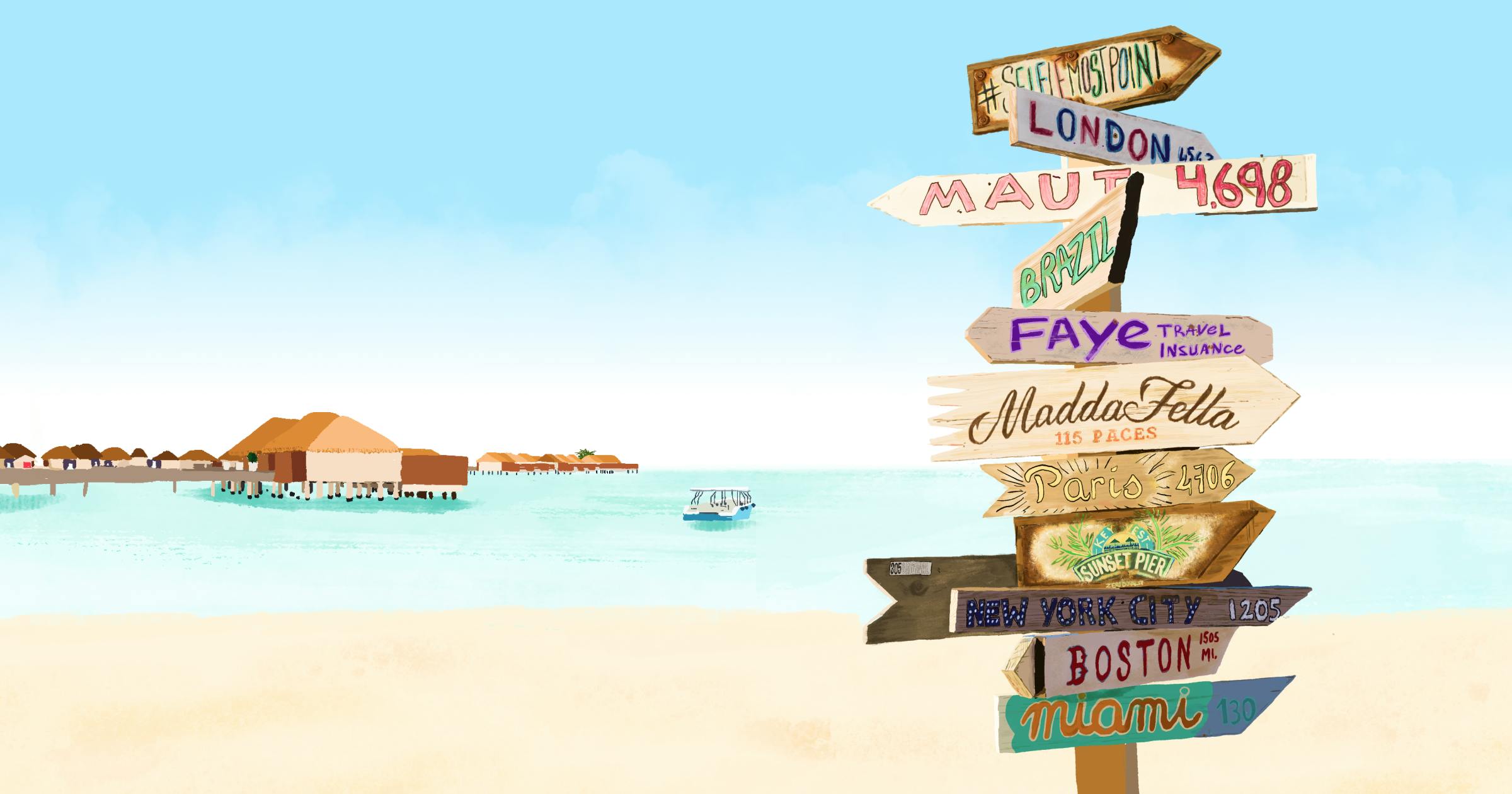 An illustration of a sign with different locations and distances like Miami, Paris, Maui and a beach with overwater bungalows and a boat in the background