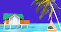 Illustration of beach with a swing in a palm tree looking out to a house on the water for vacation rental damage protection