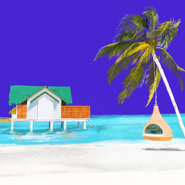 Illustration of beach with a swing in a palm tree looking out to a house on the water for vacation rental damage protection