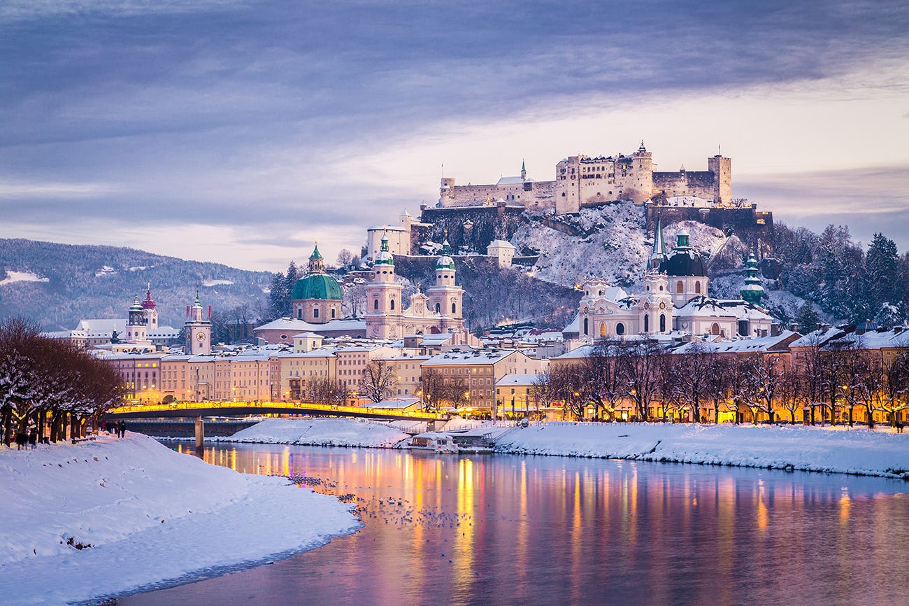 Classic view of Salzburg at Christmas time in winter, Austria