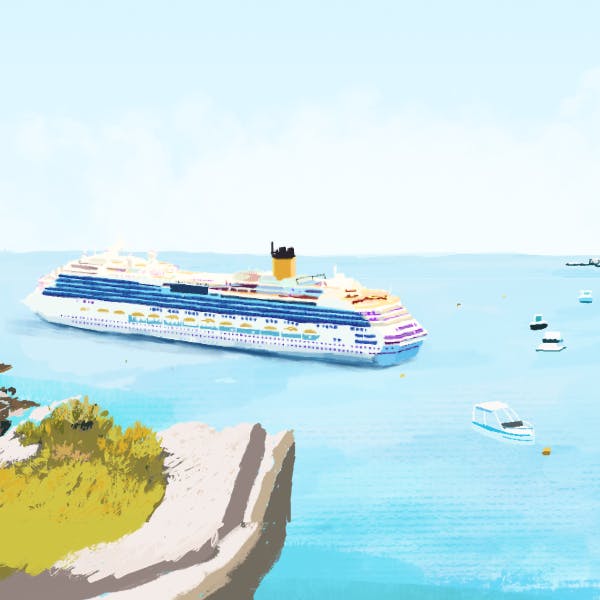 Illustration of a cruise ship leaving port with some small boats around it in the water