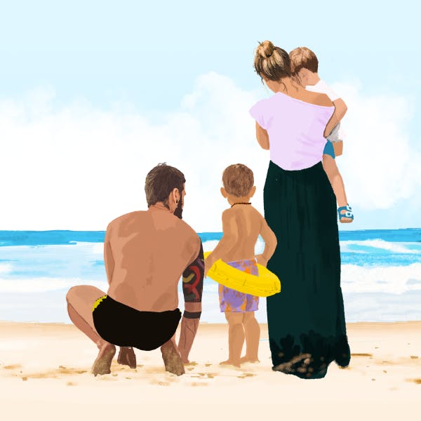 Illustration of a family with two small boys at the beach looking at the sea