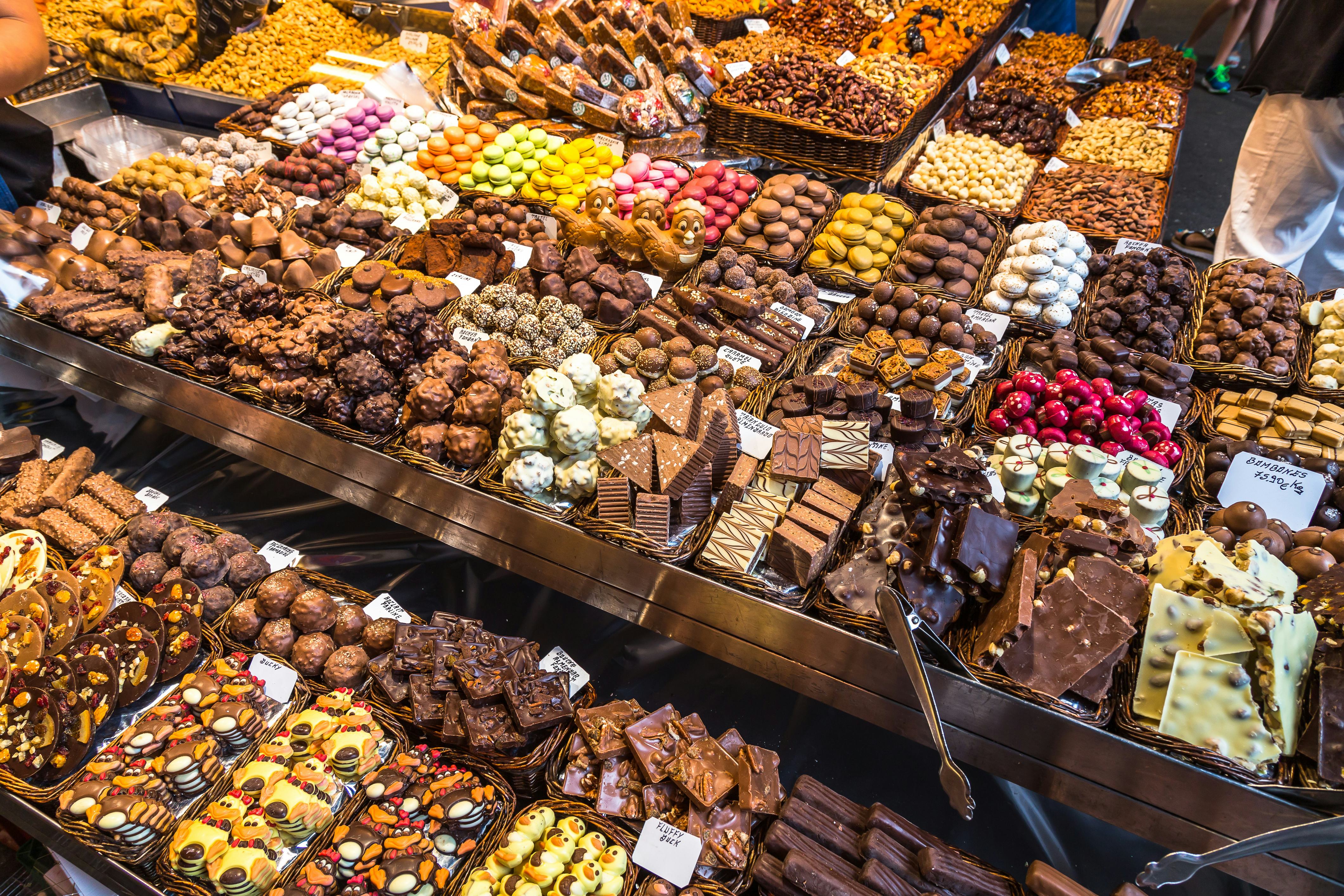 Chocolate display in La Boqueria in Barcelona, Spain