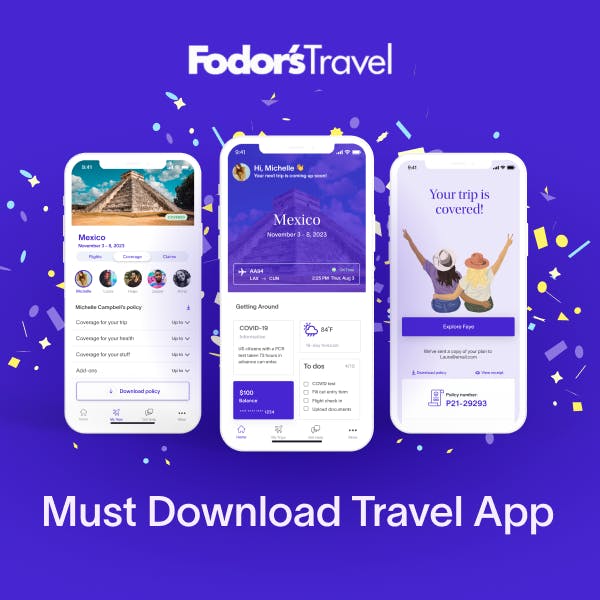 Fodor's Travel must download travel app with 3 phones with Faye app on them and confetti in the background