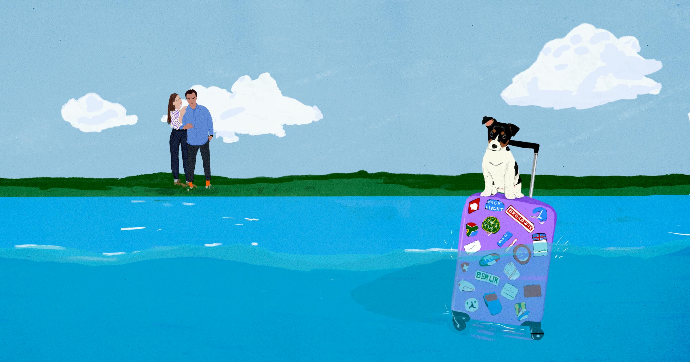 Illustration of a dog floating on a purple suitcase with stickers floating down the river as a couple looks on from the shore
