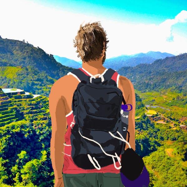 Illustration of a man overlooking the mountains with a backpack and hat