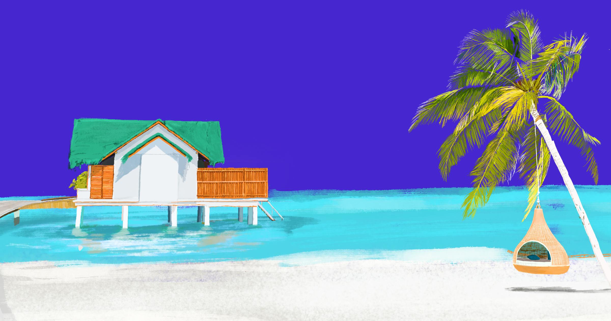 Illustration of beach with a swing in a palm tree looking out to a house on the water for vacation rental damage protection