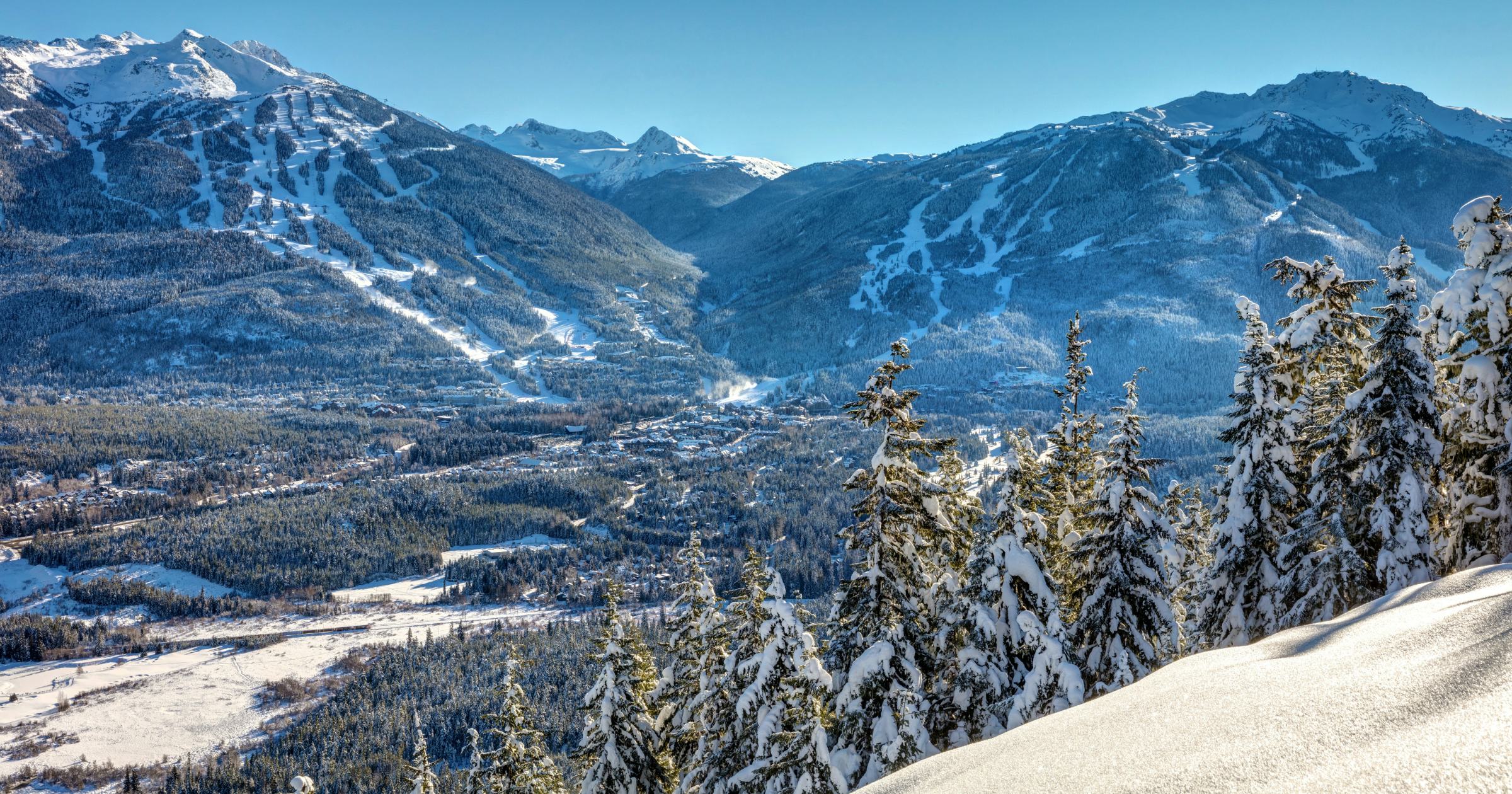 Whistler Blackcomb Mountains in Winter after a fresh snowfall on a sunny blue sky day. British Columbia, Canada 
