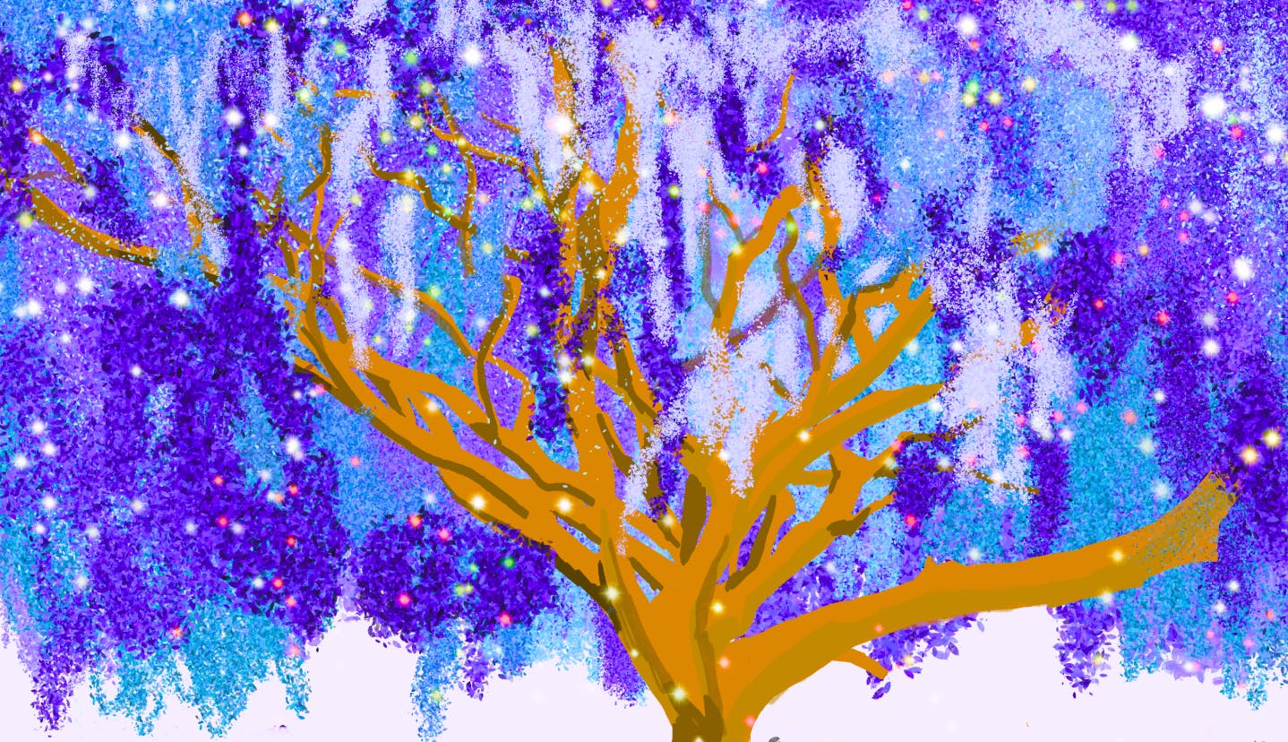 Illustration of a magical sparkling purple tree