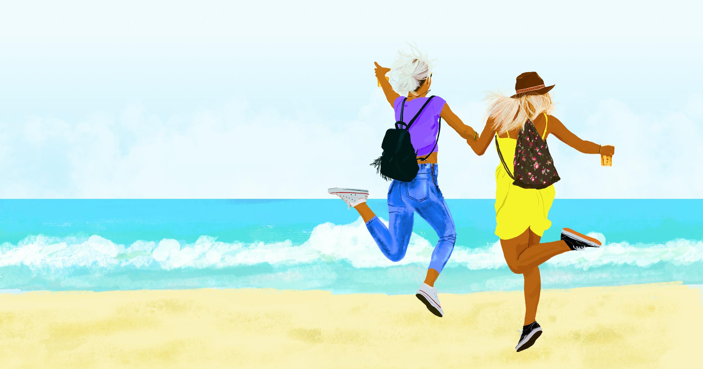 Illustration of two girls jumping and dancing at the beach