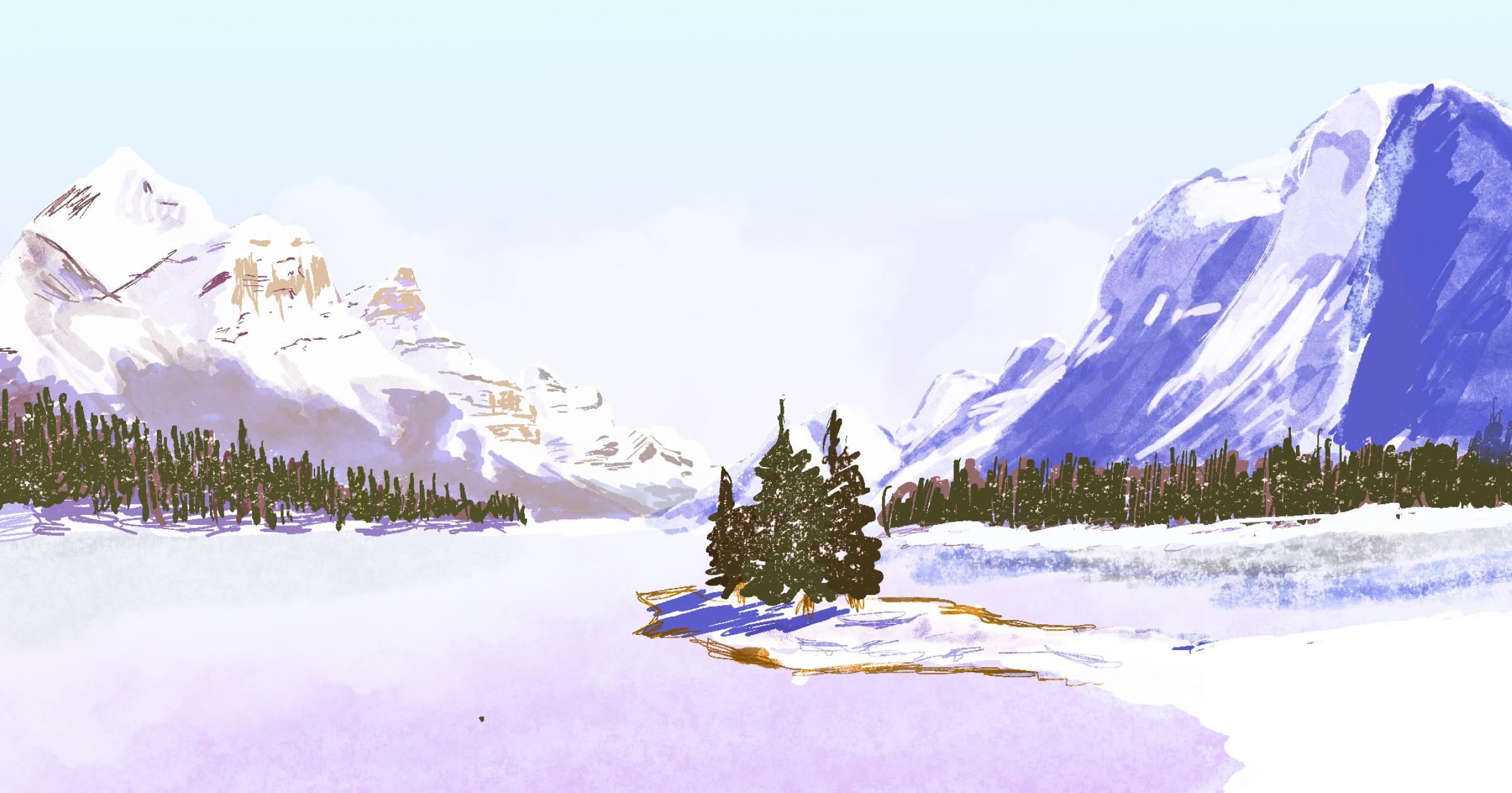 Illustration of snowy mountains and river with trees in a purple tint