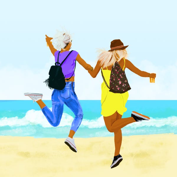 Illustration of two girls jumping and dancing at the beach