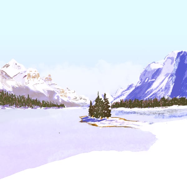 Illustration of snowy mountains and river with trees in a purple tint
